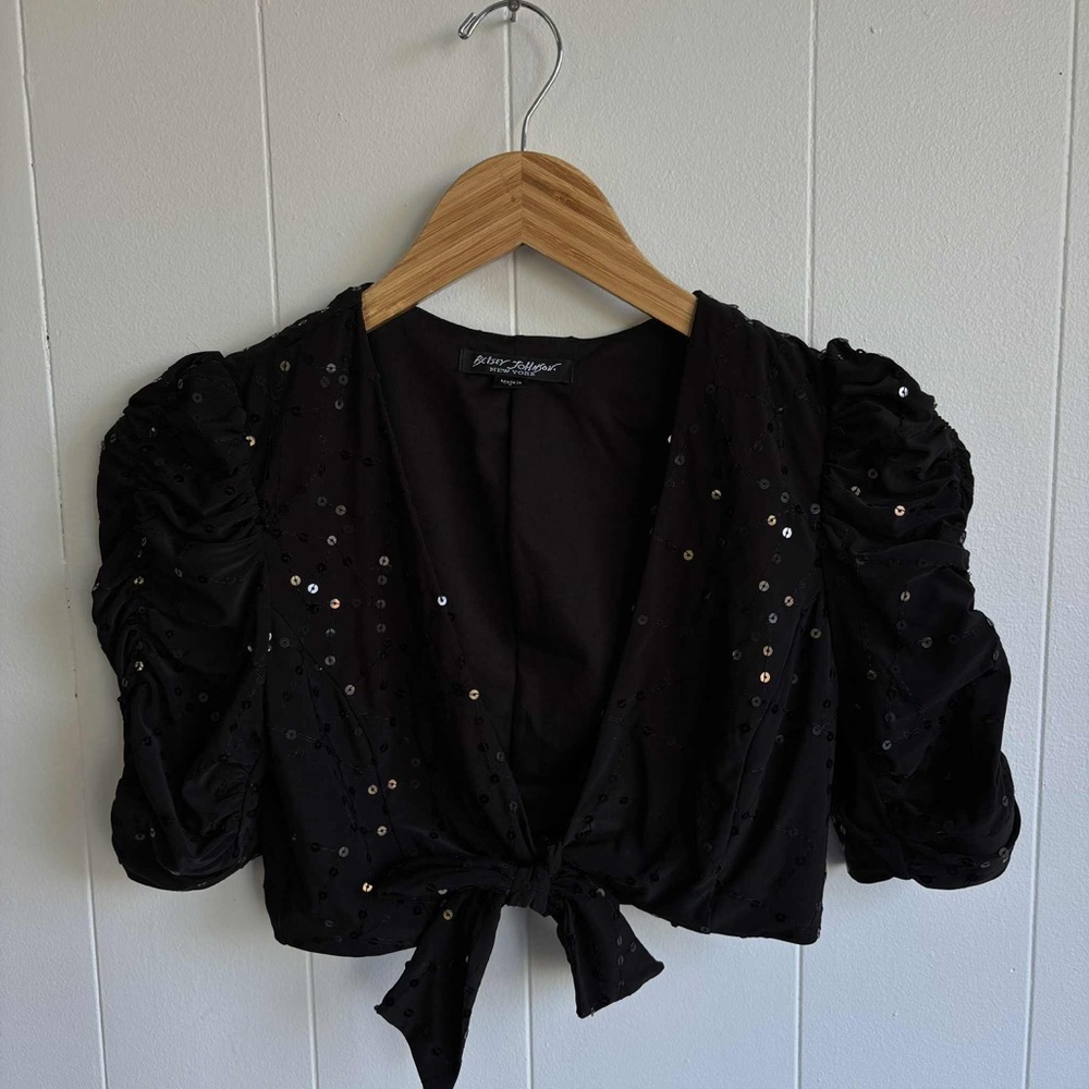 Y2K Betsey Johnson Black Sequin Tie Front Capped Puff Sleeve Crop Top
